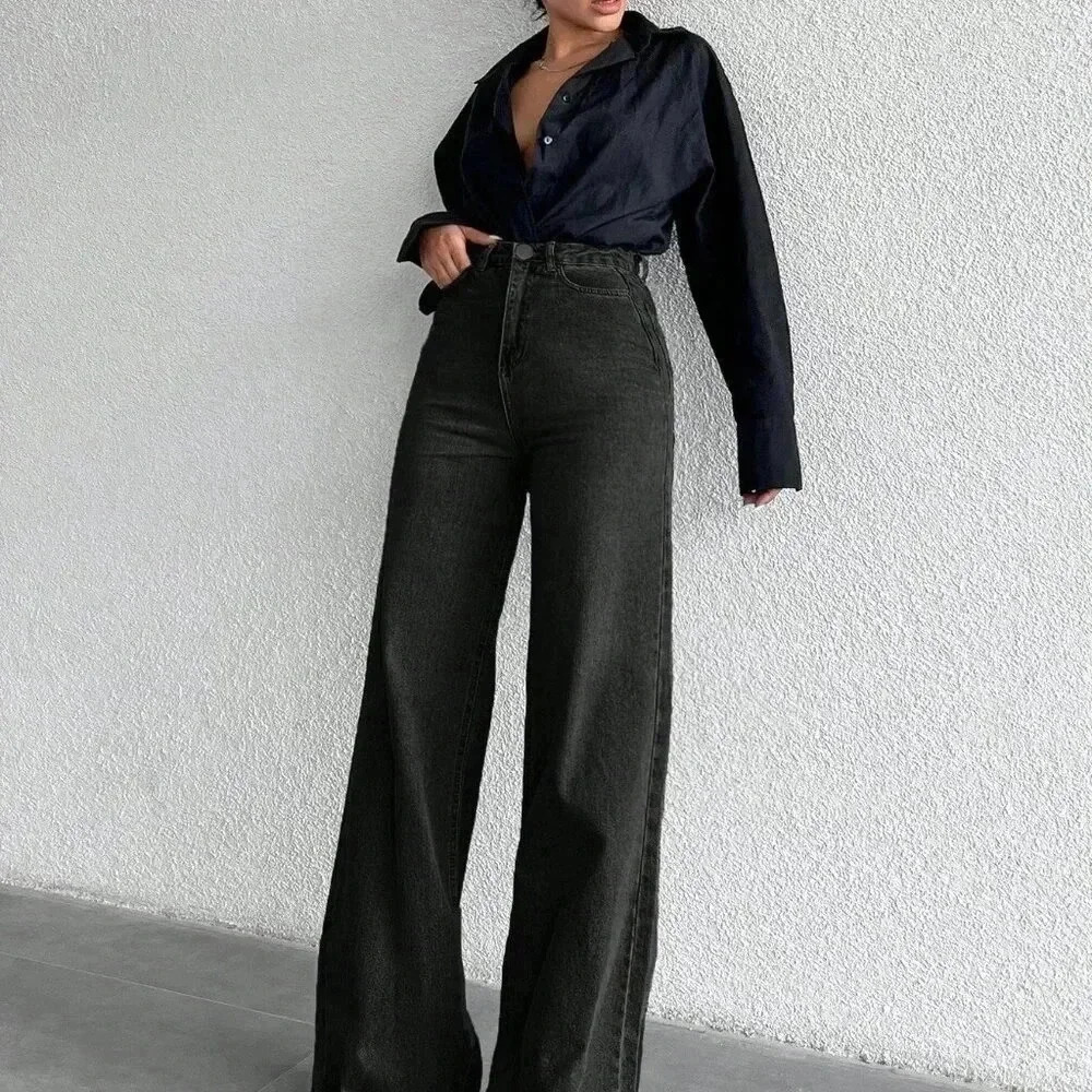 Black Casual Women's High Waist Wide Leg Jeans - Picture 4 of 4